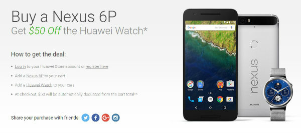 Huawei : 50 dollars de remise sur la Watch pour l'achat du Nexus 6P