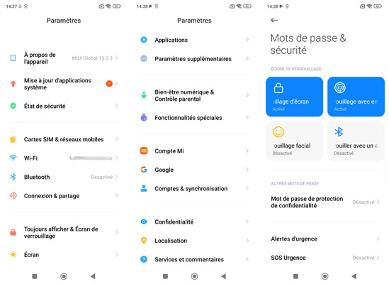 Paramètres disponibles Xiaomi POCO X4 Pro