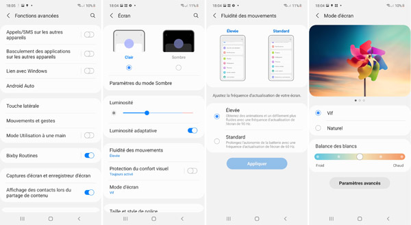 Interface d'écran du Samsung Galaxy A72