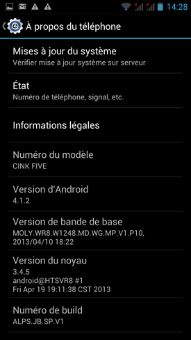 Wiko Cink Five : menu à propos