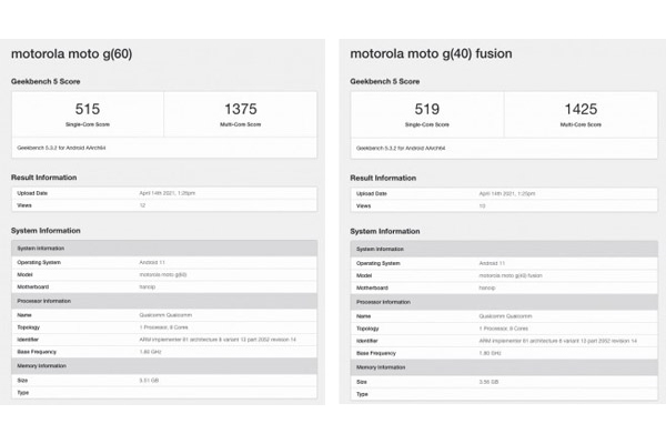 Motorola G60 et G40 Fusion aperçu sous Geekbench