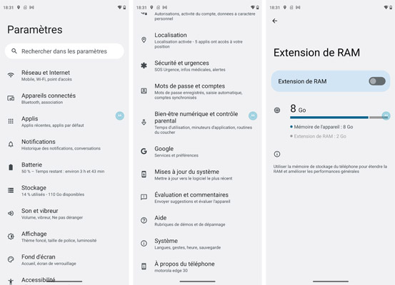Paramètres du Motorola edge 30