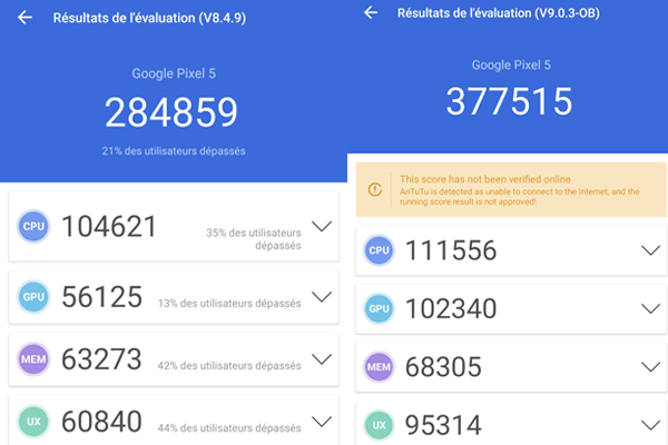 google pixel 5 antutu resultats avant et apres maj