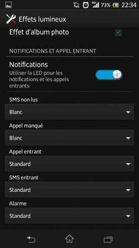 Sony Xperia SP : menu effets lumineux