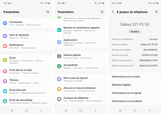 Paramètres du Samsung Galaxy S21 FE