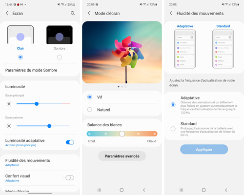 Paramètres de l'écran du Samsung Galaxy Z Flip 3