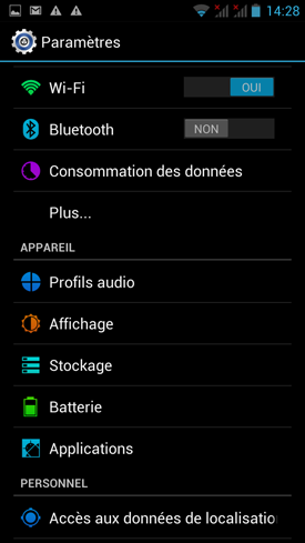 Wiko Cink Five : menu paramètres