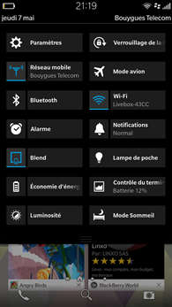 BlackBerry Leap : paramètres rapides