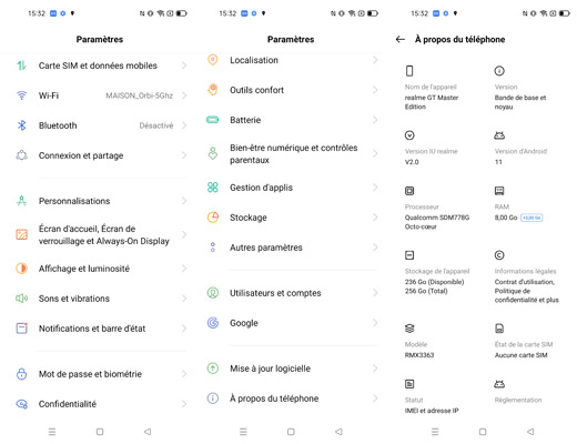 Paramètres du realme GT Master Edition