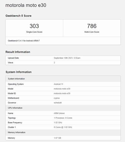Moto E30 Geekbench