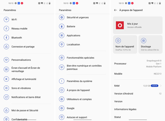 Paramètres du OnePlus 10 Pro