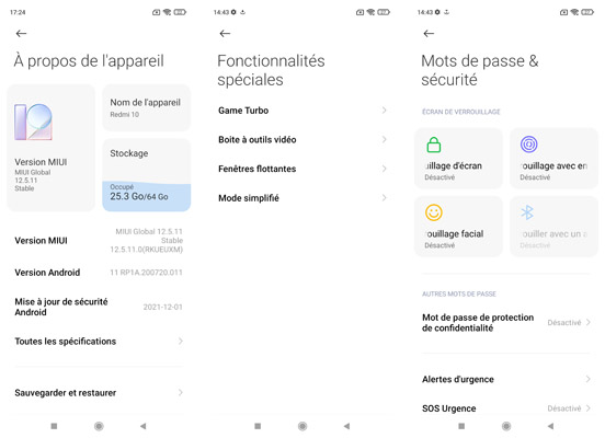 Suite des paramètres du Xiaomi Redmi 10