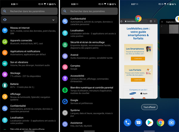 Interface de l'Asus Zenfone 8