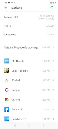 Oppo Reno 2 : menu stockage