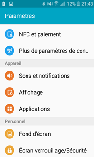 Samsung Galaxy J1 (2016) : Paramètres