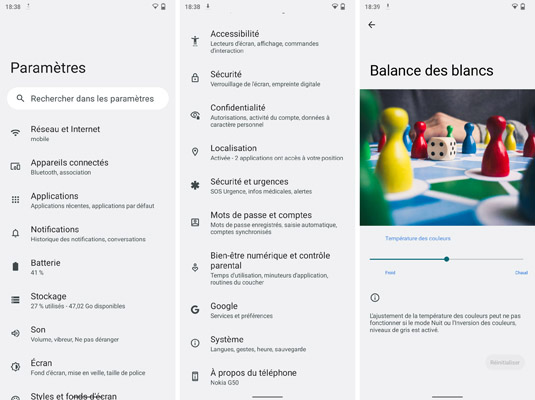 Interface et paramètres du Nokia G50