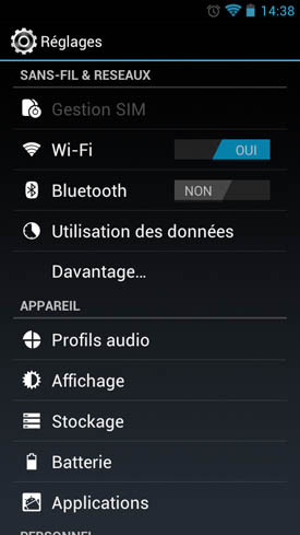 Wiko Cink Peax : menu settings